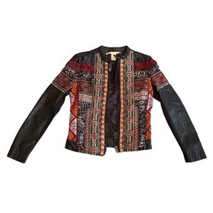 Chelsea+Violet Embroidered Multicolor Faux Black Leather Jacket (Size XS)